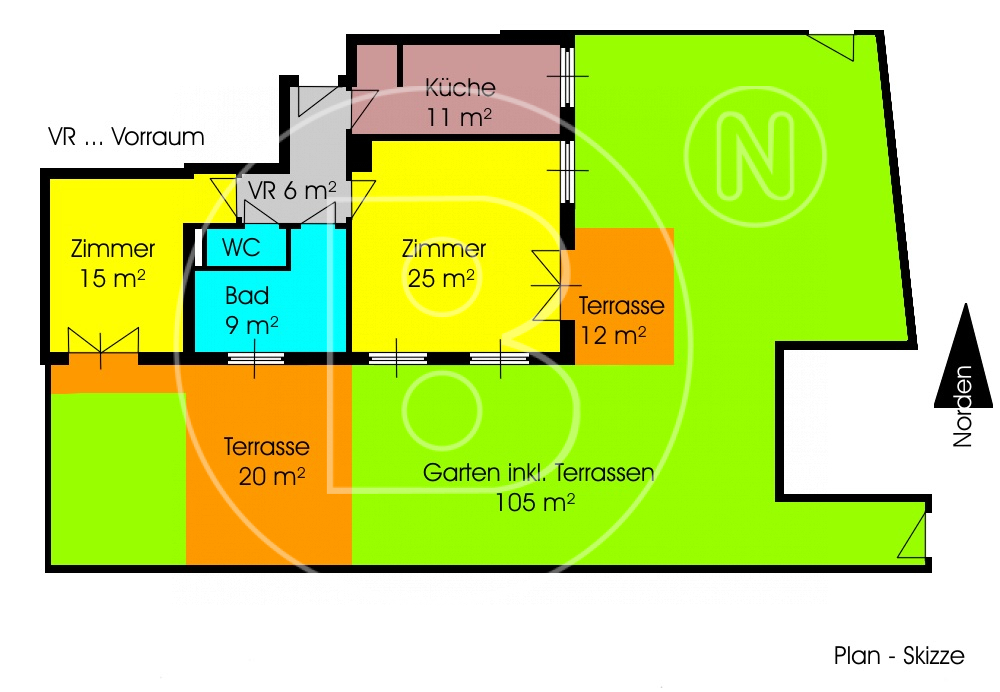 Plan Skizze - Charmante 2-Zimmer-Gartenwohnung mit Garage